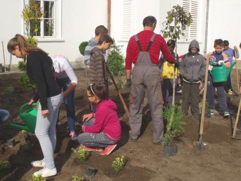 lelkes gyerekek fákat ültetnek Tolcsván